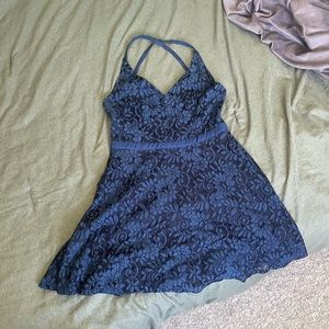 Navy Blue Lulu’s Lacey Mini Skater Dress with Criss Cross Back